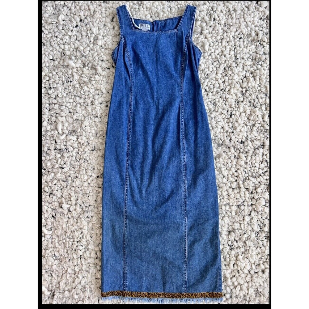 Vintage Y2k 90s Robbie Bee 2Petite Denim Dress leopard velvet Midi Modest Fringe
